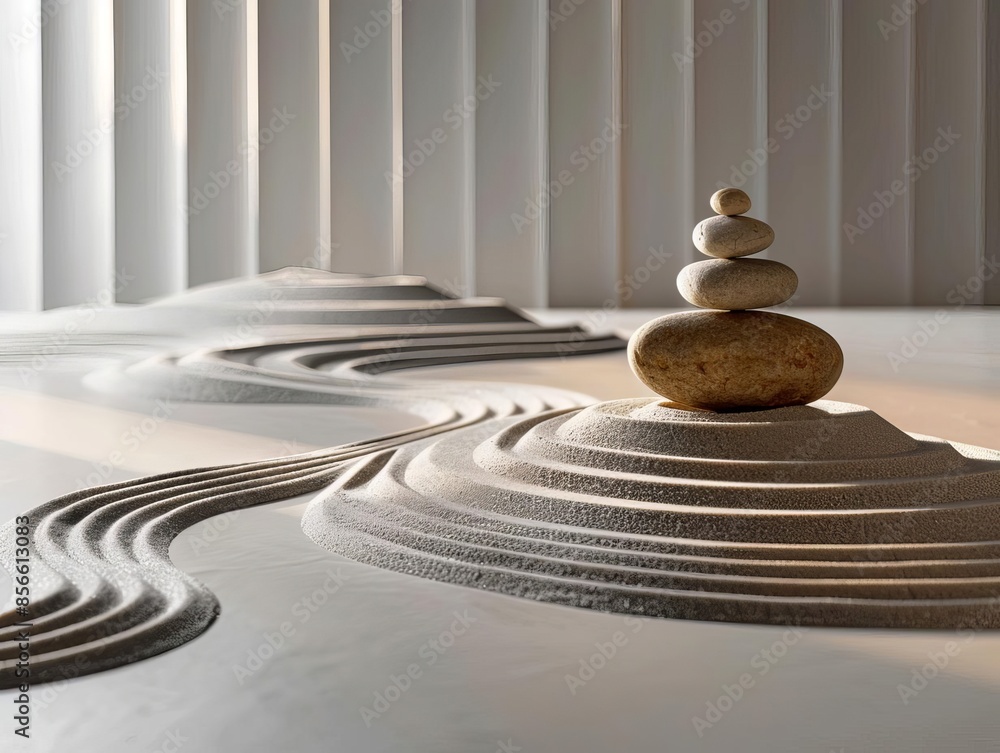 Zen sand garden with meticulously raked patterns and smooth stones, creating a serene, minimalist scene Zen sand garden with meticulously raked patterns and smooth stones, creating a serene, minimalist scene