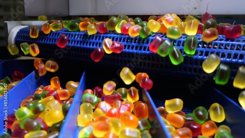Conveyor for making jelly sweets at a confectionery factory. Confectionery equipment. Production equipment.