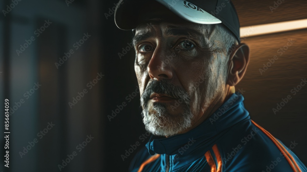 Hyper-Realistic Portrait of a Coach in Team Attire Displaying Leadership and Dedication Hyper-Realistic Portrait of a Coach in Team Attire Displaying Leadership and Dedication