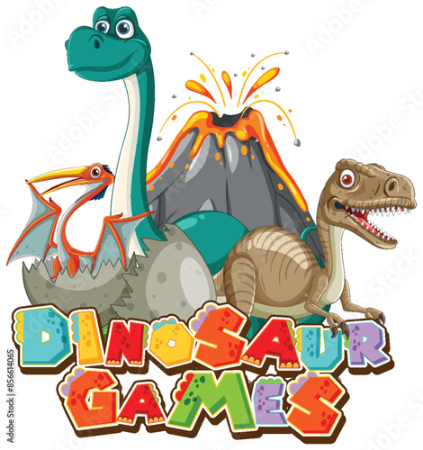 Colorful dinosaurs with erupting volcano background