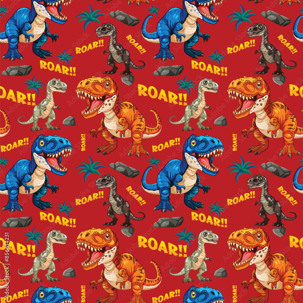 Obraz premium Vibrant dinosaurs with 'Roar' text on red background