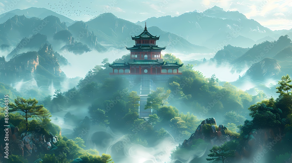Obraz premium Green mountain forest and mountaintop pavilions illustration poster background
