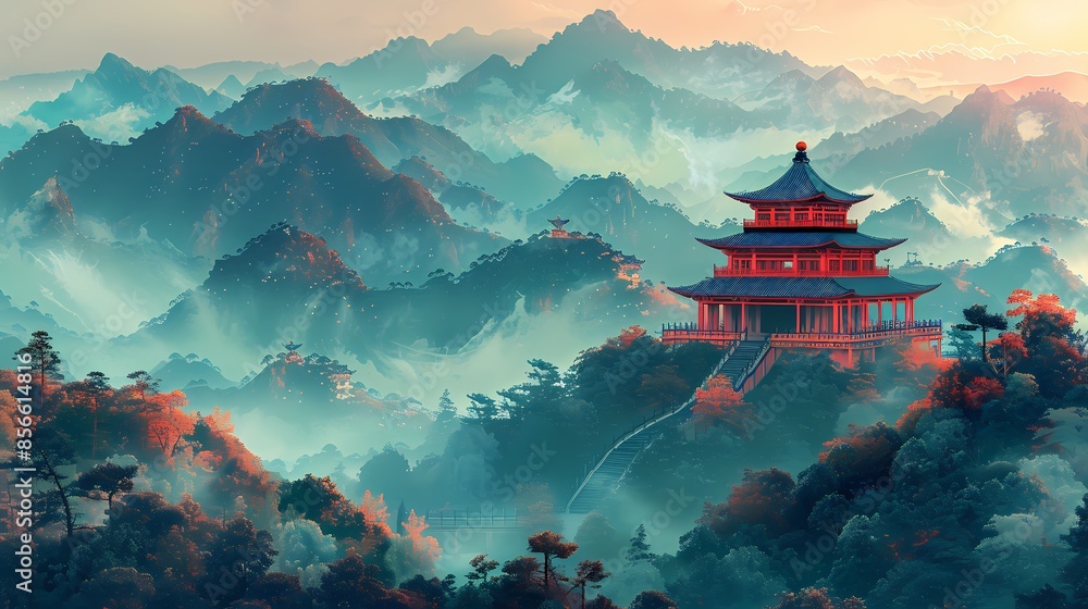 Green mountain forest and mountaintop pavilions illustration poster background Green mountain forest and mountaintop pavilions illustration poster background