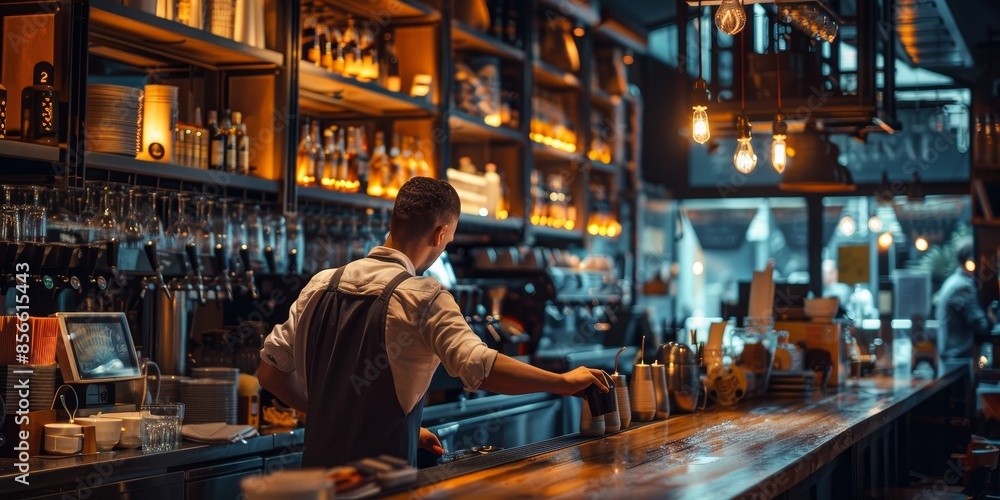 Fototapeta premium A man in a white shirt is working at a bar