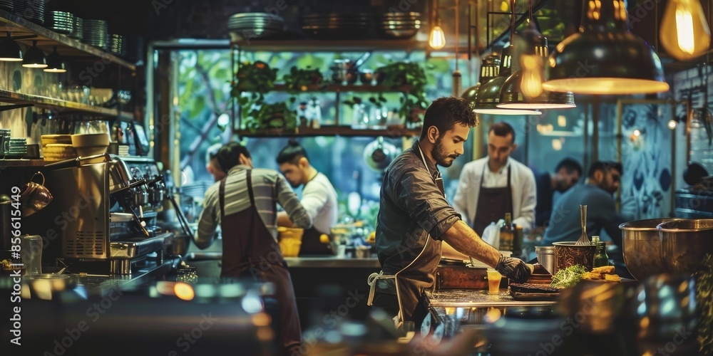 A man is cooking in a restaurant kitchen with other people around him