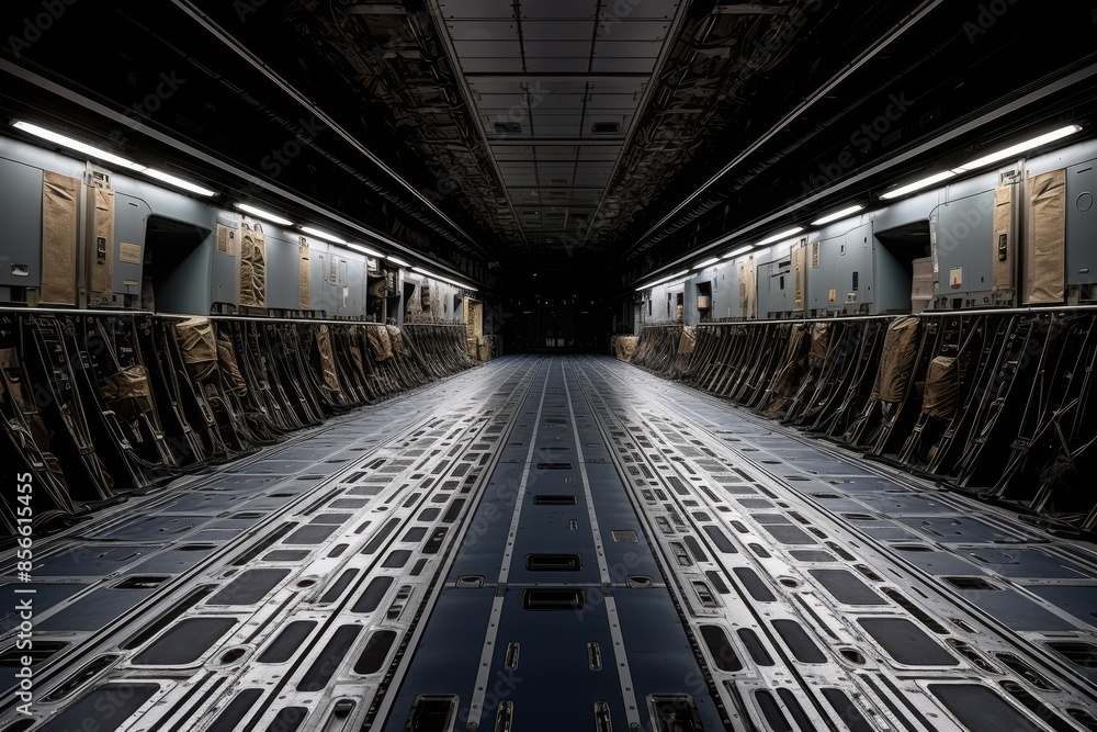 Fototapeta premium Military equipment loading in aircraft cargo compartment for transport operation