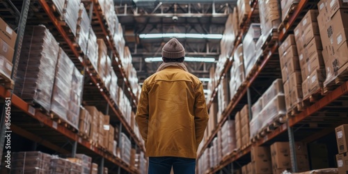 A man wearing a yellow jacket stands in a warehouse filled with boxes