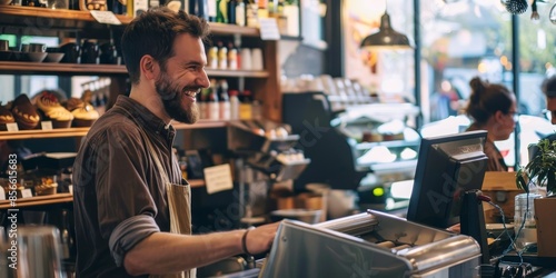 A smiling man is working behind a counter in a coffee shop © xartproduction