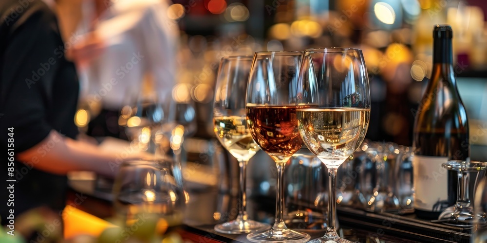 A bar with a woman behind the counter and several wine glasses on the counter A bar with a woman behind the counter and several wine glasses on the counter