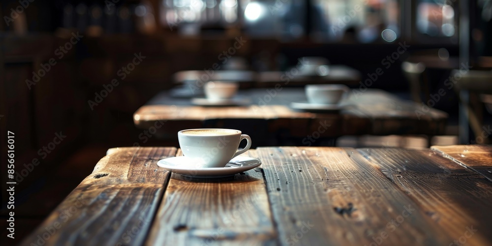 Fototapeta premium A white coffee cup sits on a wooden table in a cafe