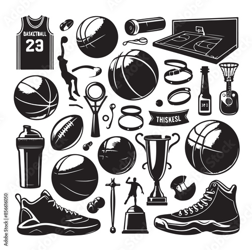 basketball players set. Collection silhoutte of sports equipment for people playing basketball. Vector illustration of for a sports shop.