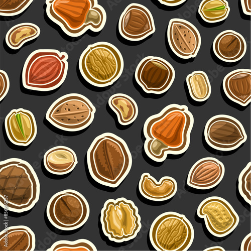 Vector Nut Seamless Pattern, decorative background with many flying organic nuts for wrapping paper or bed linen, square placard with flat lay assorted brown nuts on black background for home decor
