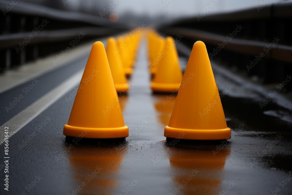 Road safety hazardous section marked with cones for daylight protection and visibility Road safety hazardous section marked with cones for daylight protection and visibility
