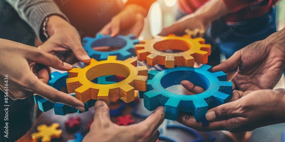 A group of people are holding up a set of gears A group of people are holding up a set of gears