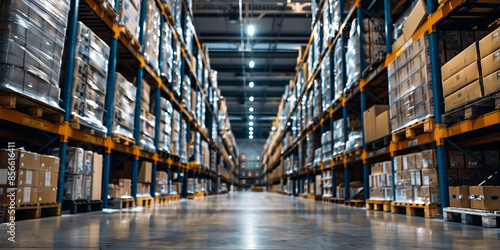 A large warehouse with many boxes stacked on shelves