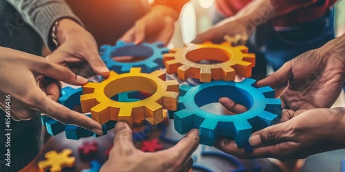 A group of people are holding up a set of gears