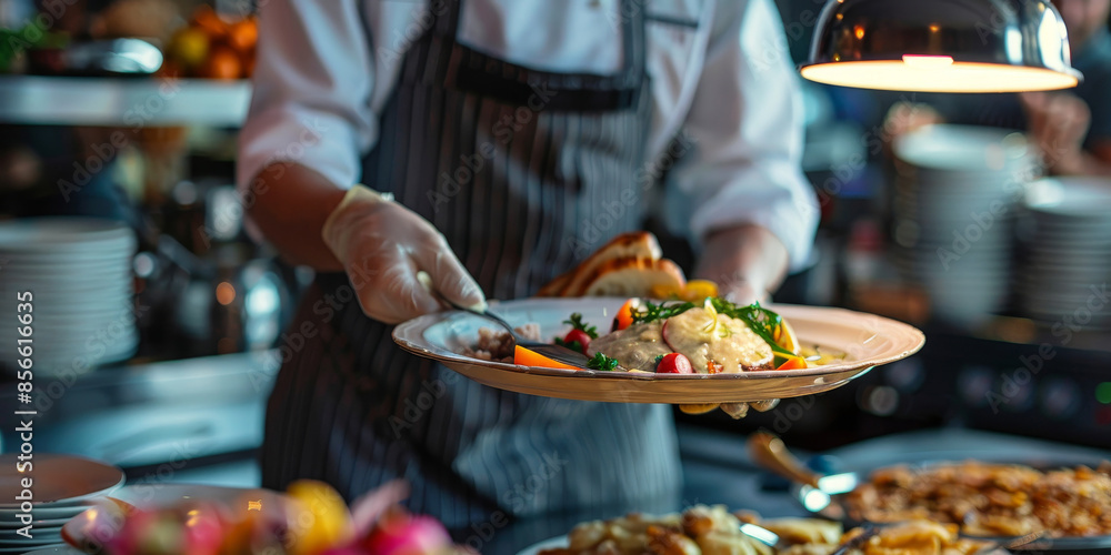 A chef is holding a plate of food and wearing an apron A chef is holding a plate of food and wearing an apron