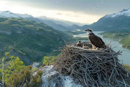 Majestic Eagle With Chicks in Nest Amidst Snow-Capped Mountains at Dusk photo