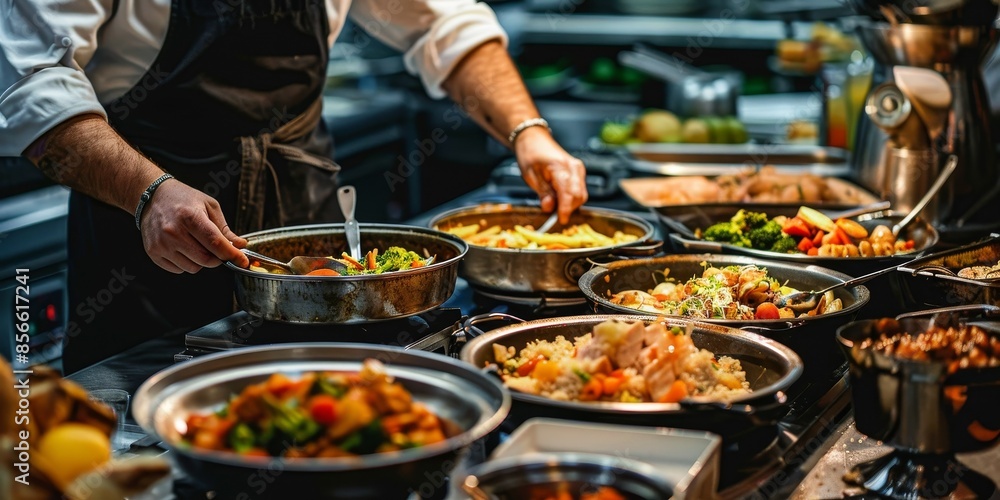 A chef is preparing a large meal with many different dishes A chef is preparing a large meal with many different dishes