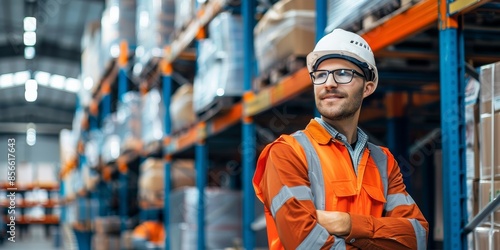 A man in a safety vest stands in front of a warehouse with a smile on his face © xartproduction