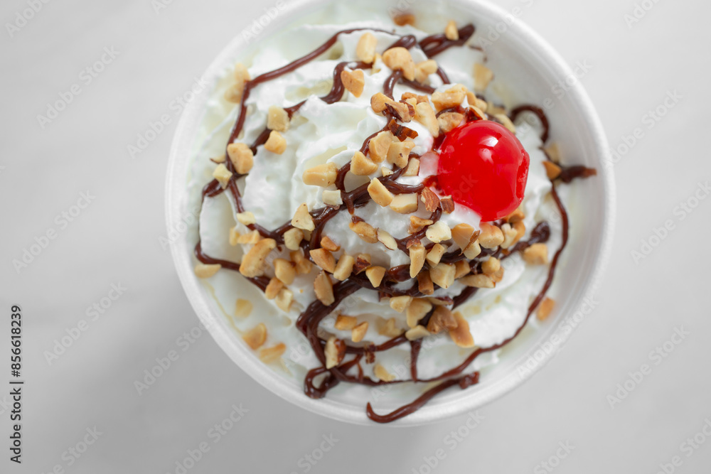 A top down view of an sundae in a cup. A top down view of an sundae in a cup.