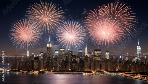 New York City Skyline with Fireworks Display