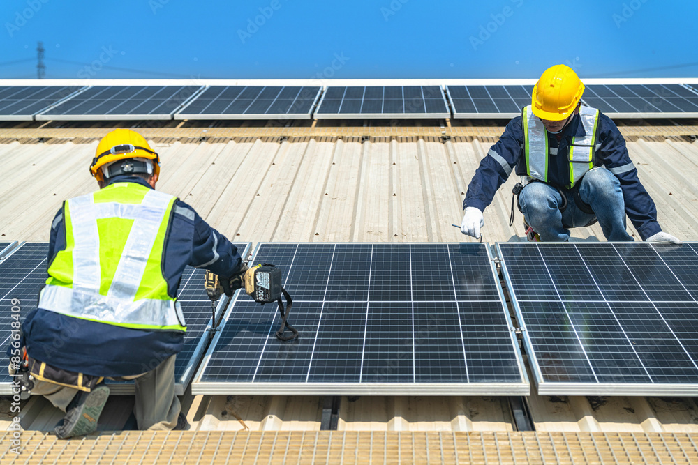 engineer man inspects construction of solar cell panel or photovoltaic cell by electronic device. Industrial Renewable energy of green power. factory worker working on tower roof. engineer man inspects construction of solar cell panel or photovoltaic cell by electronic device. Industrial Renewable energy of green power. factory worker working on tower roof.