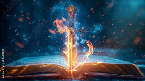 A flaming sword emerging from an open book, set against a dark background with a mystical and ethereal atmosphere.