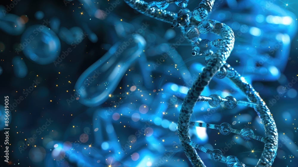 Close-Up of DNA Helix with Glowing Particles in a Futuristic Blue Background Close-Up of DNA Helix with Glowing Particles in a Futuristic Blue Background