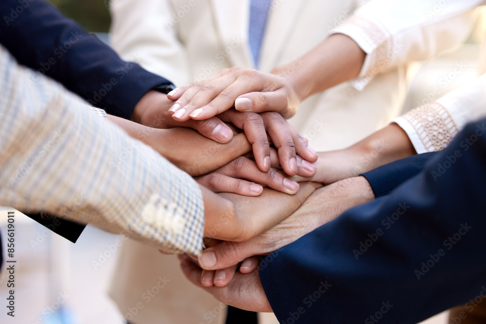 Business people, hands together and stack with teamwork in unity, collaboration or agreement at office. Closeup of group touching, piling or solidarity for motivation, mission or meeting at workplace Business people, hands together and stack with teamwork in unity, collaboration or agreement at office. Closeup of group touching, piling or solidarity for motivation, mission or meeting at workplace