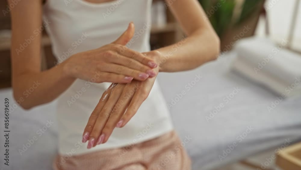 A woman applies moisturizing lotion to her hands in a wellness spa room, emphasizing skincare, relaxation, and personal care. A woman applies moisturizing lotion to her hands in a wellness spa room, emphasizing skincare, relaxation, and personal care.
