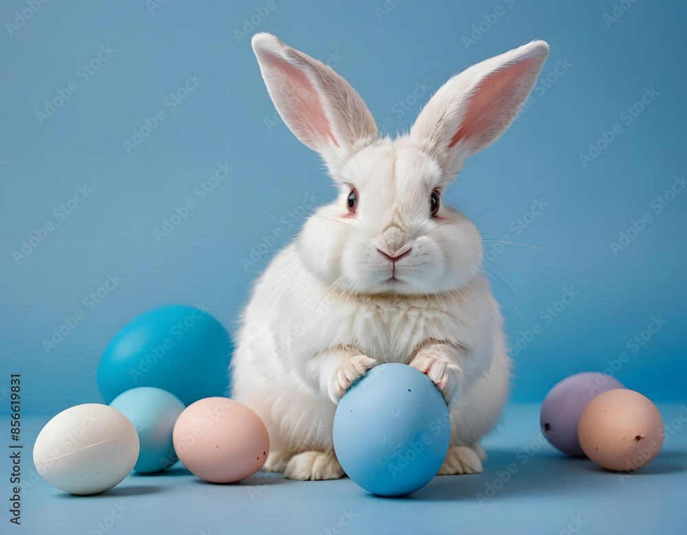 White Bunny Posing with Easter Eggs White Bunny Posing with Easter Eggs
