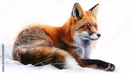 A watercolor painting of a red fox sitting, with a detailed and realistic style, set against a white background. photo