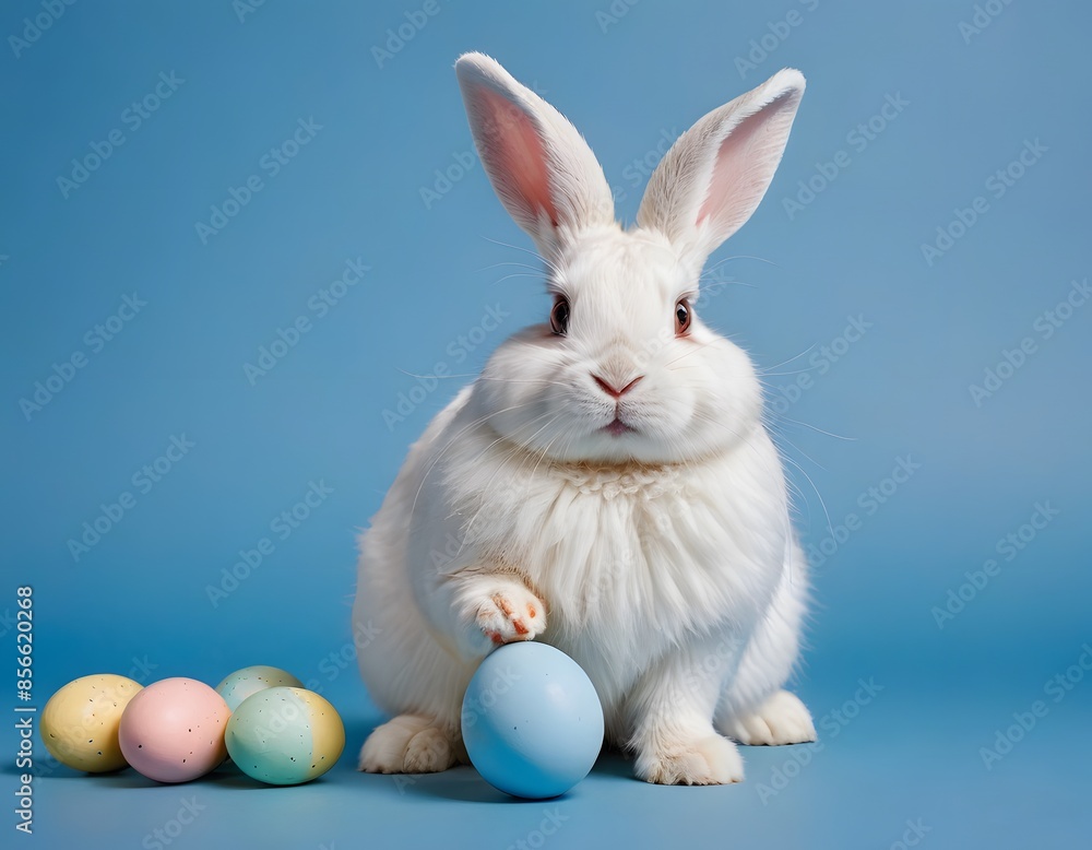 Obraz premium White Bunny with Easter Eggs on a Blue Background