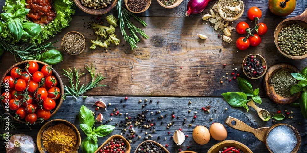 A table with a variety of vegetables and spices A table with a variety of vegetables and spices