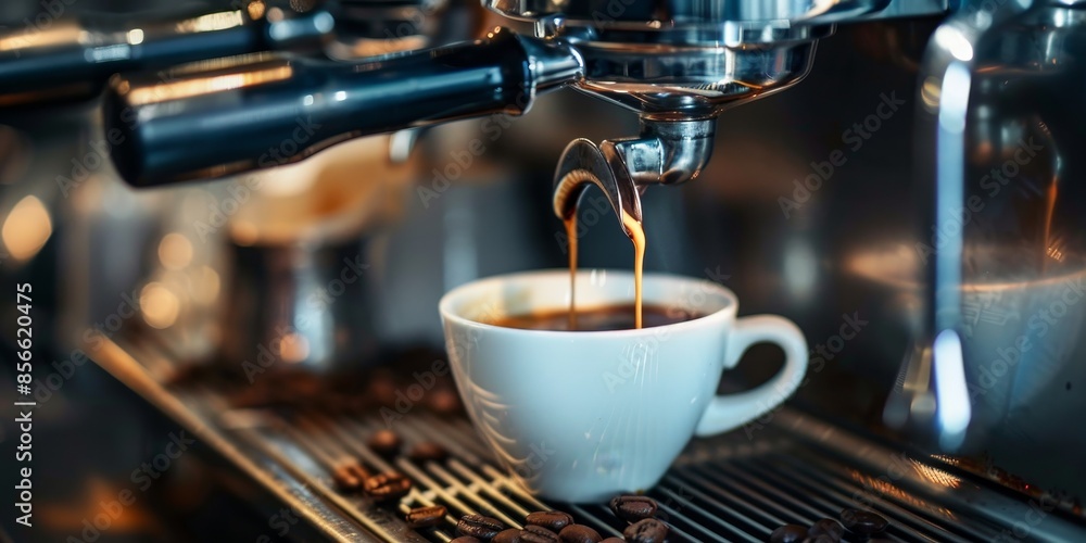 A coffee machine is pouring coffee into a white cup A coffee machine is pouring coffee into a white cup