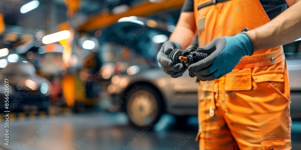 A man in an orange jumpsuit is holding a car part in his hands A man in an orange jumpsuit is holding a car part in his hands