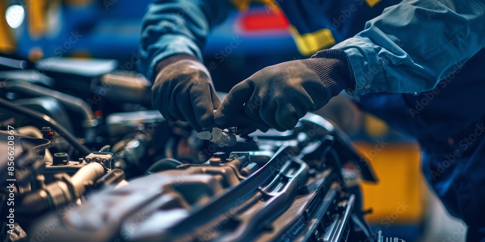 A mechanic is working on a car engine A mechanic is working on a car engine