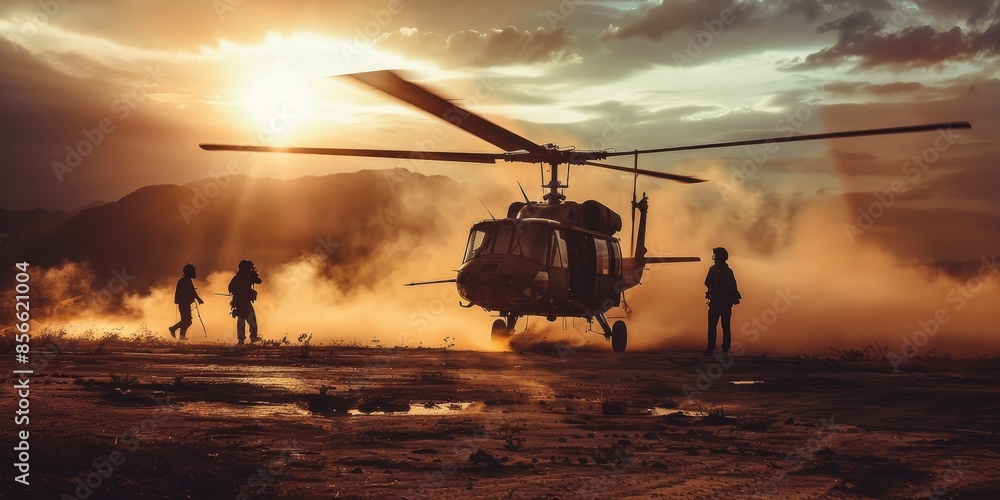 A helicopter is flying over a desert with soldiers on the ground A helicopter is flying over a desert with soldiers on the ground