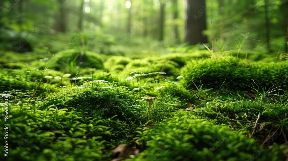 Obraz premium Lush Green Forest Floor Covered in Moss with Sunlight Filtering Through Trees in a Serene Woodland Setting
