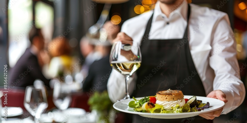 A man in a black apron is holding a plate of food and a wine glass A man in a black apron is holding a plate of food and a wine glass