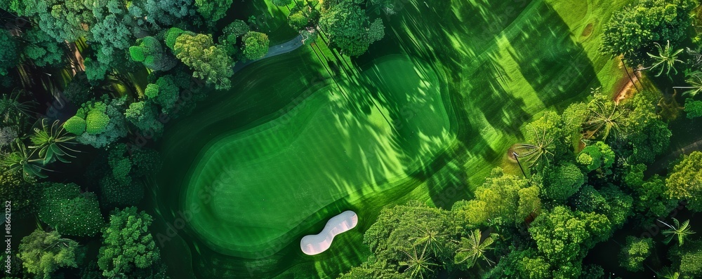 Fototapeta premium Aerial view of a vast golf course with vibrant green fairways and manicured landscapes, perfect for sports and leisure activities