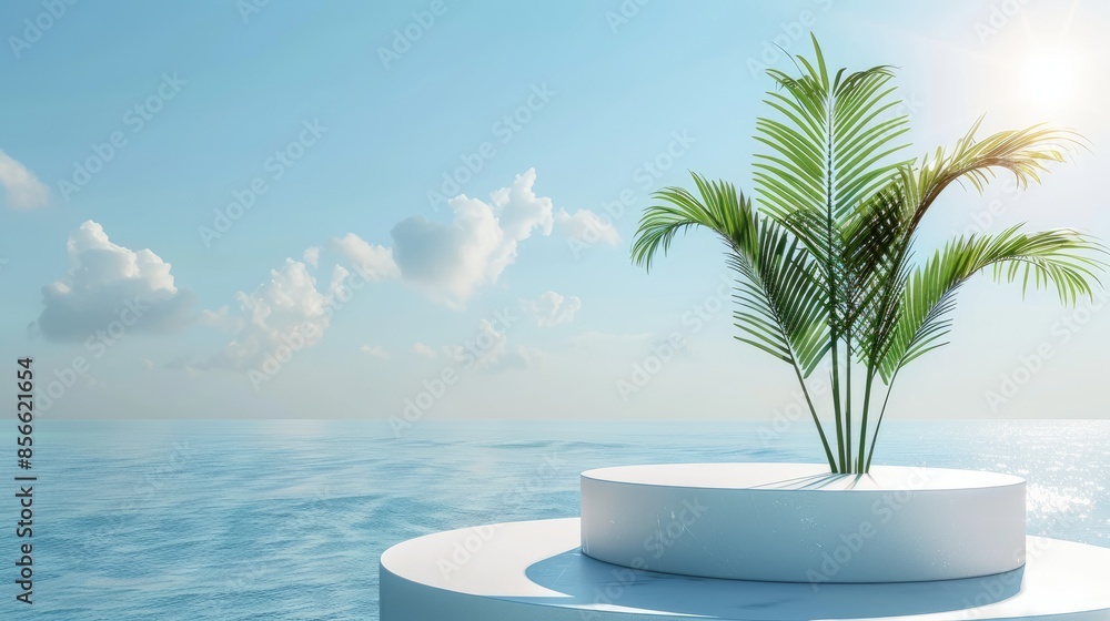 Obraz premium Tropical Palm Tree on Minimalist White Platform with Ocean and Sky Background