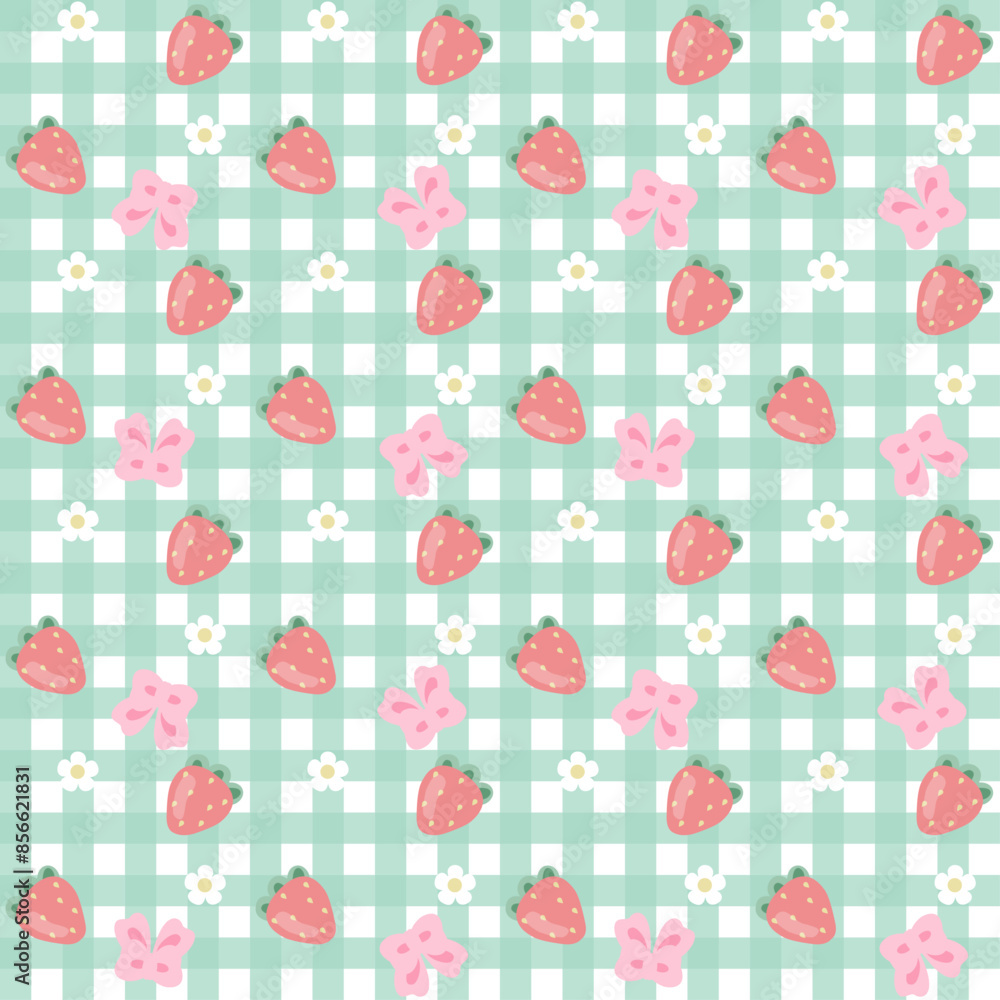 Vector white mint green plaid pattern decorated with strawberry bow and flowers in cute style for fabric pattern design, gift wrapping paper, wallpaper, bag, notebook cover, bed sheet. Vector white mint green plaid pattern decorated with strawberry bow and flowers in cute style for fabric pattern design, gift wrapping paper, wallpaper, bag, notebook cover, bed sheet.