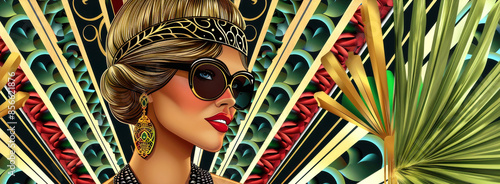 Art Deco Banner. Chic Modern Blonde Woman Wearing Sunglasses And Accesorried With Tropical Exotic Elements In The Background. Fashion Concept. Ai Generated photo