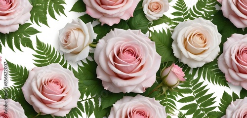 Floral Arrangement of Pink Roses and Fern Fronds