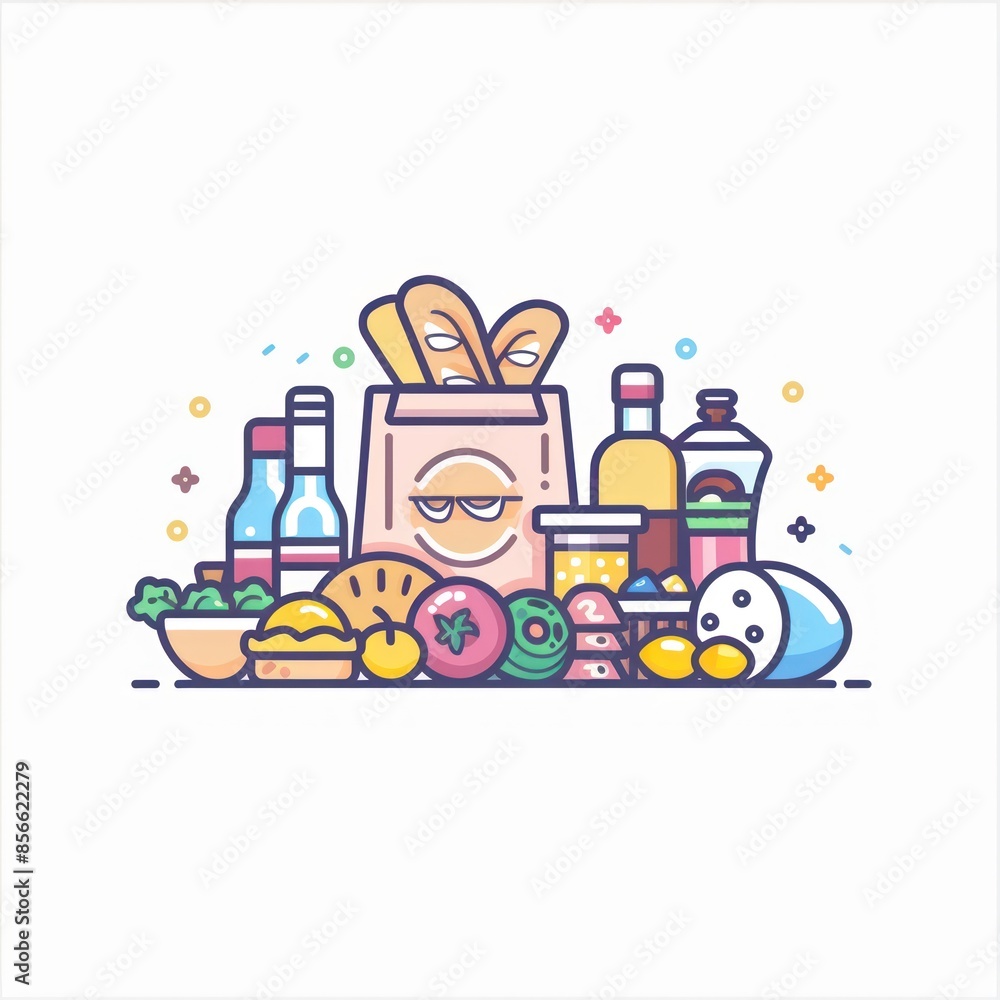Fototapeta premium Grocery Shopping Illustration with Colorful Elements