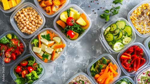 Vegetarian lunch boxes with a variety of fresh vegetables, rice and sauces. Healthy eating for an active lifestyle. Colorful and delicious lunches with broccoli, carrots, zucchini, tofu and beans