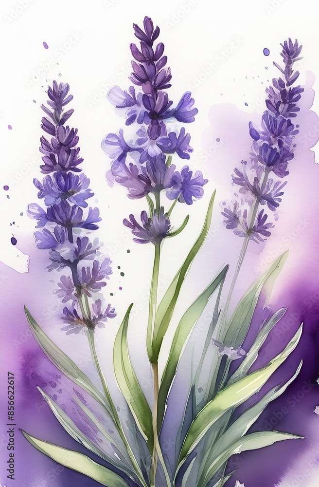 Fototapeta premium Lavender watercolor background. Delicate flower bouquet on a white background. Spring-summer banner template