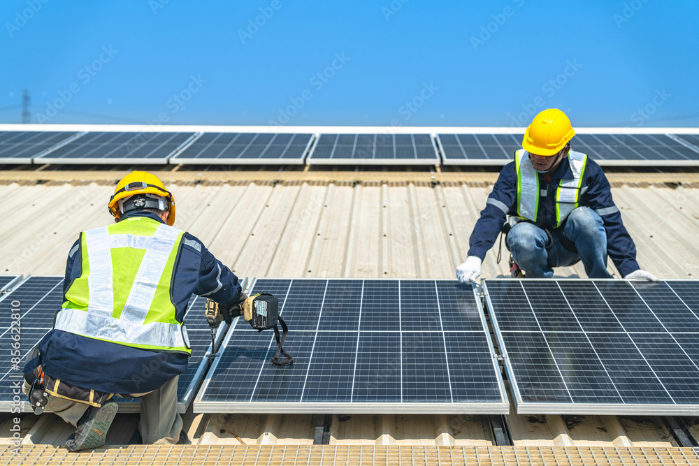 custom made wallpaper toronto digitalWorker Technicians are working to construct solar panels system on roof with sky and clound on background. Installing solar photovoltaic panel system. Renewable clean energy technology concept.